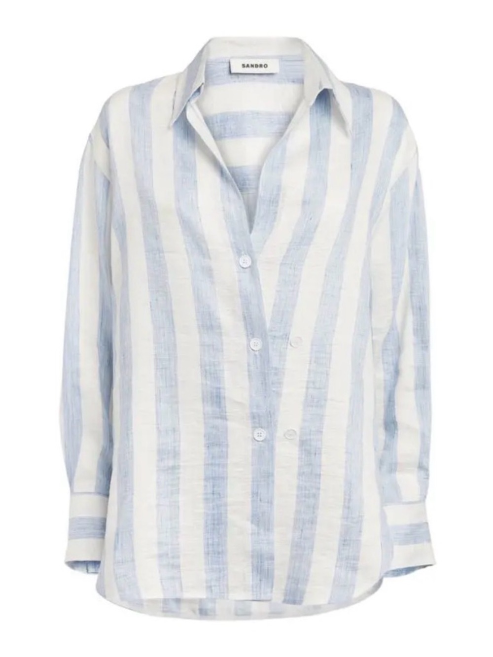 Sandro Blue and White Vertical Stripe Asymmetrical Button-Down Shirt